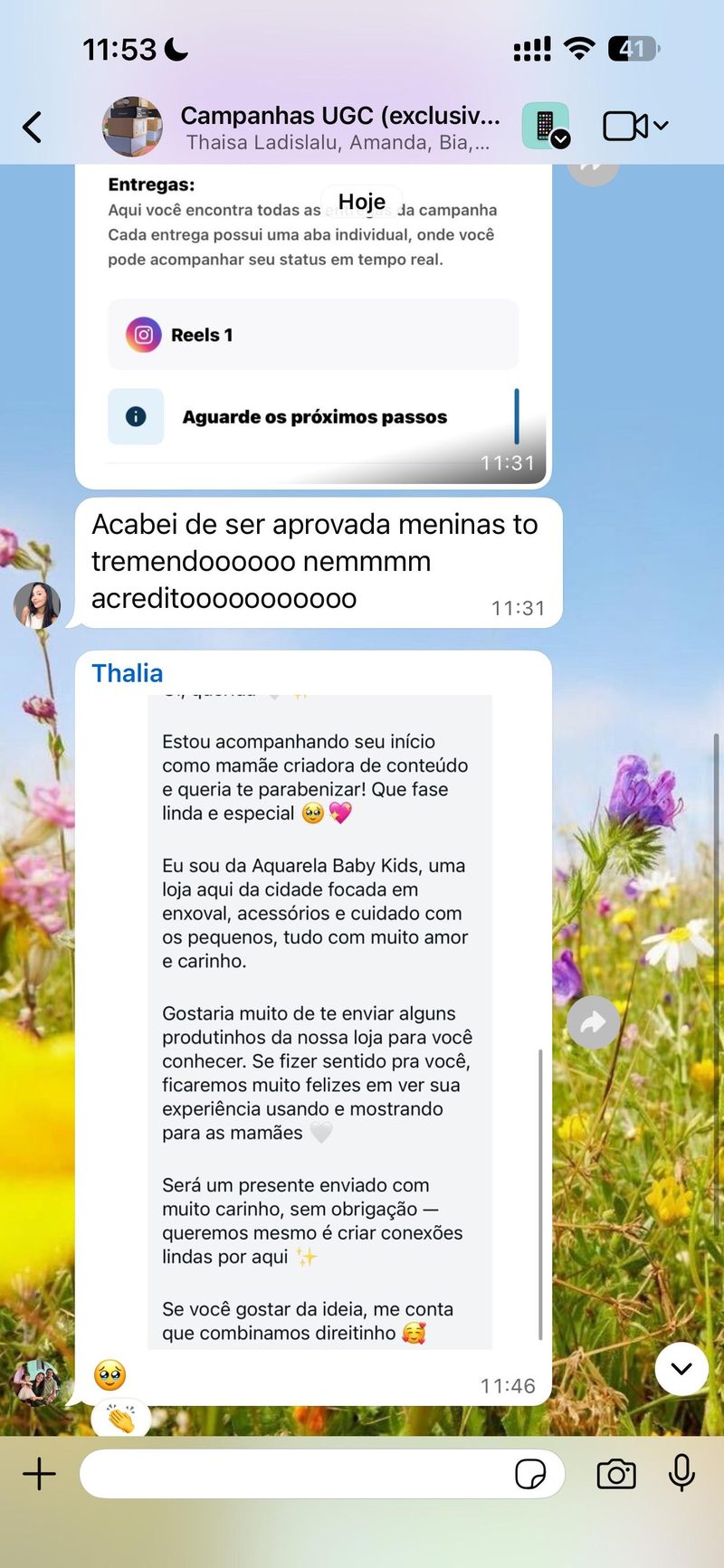 Print de aluna aprovada em campanha e convidada para parceria com loja de enxoval infantil