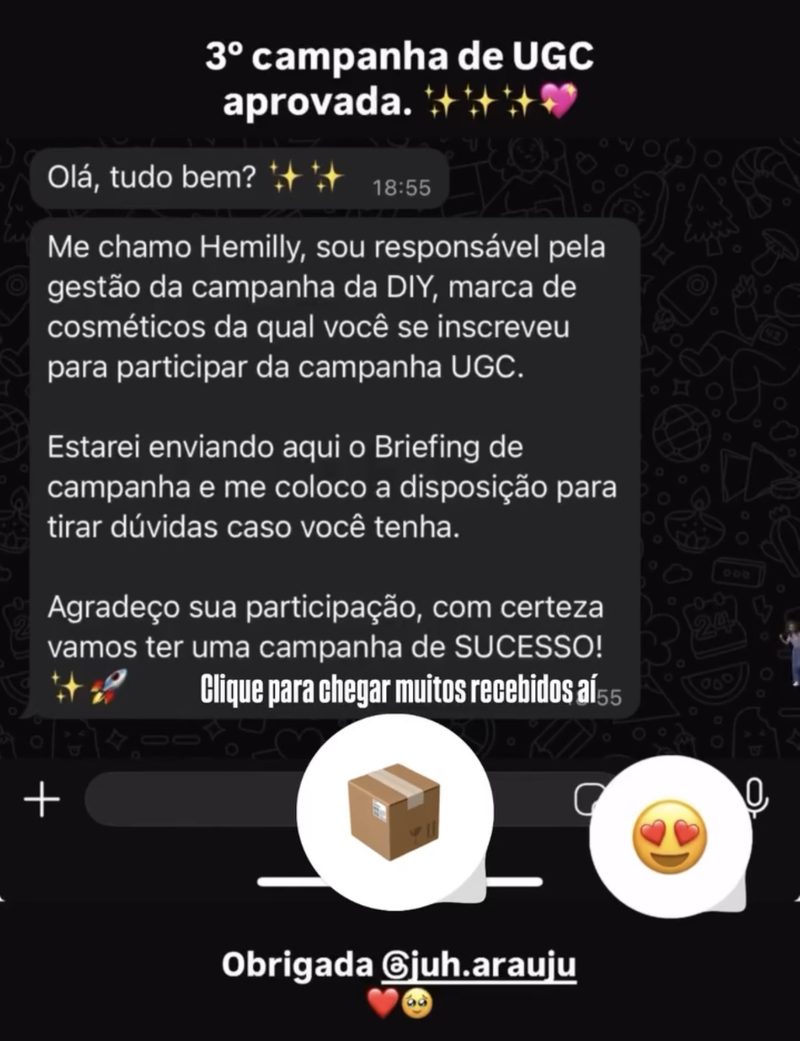 Print de WhatsApp: terceira campanha de UGC aprovada com a marca de cosméticos DIY