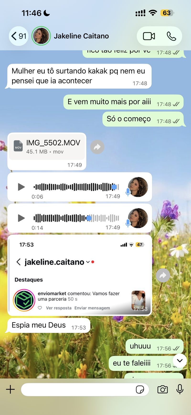 Print de conversa: aluna comemorando parceria recebida no Instagram