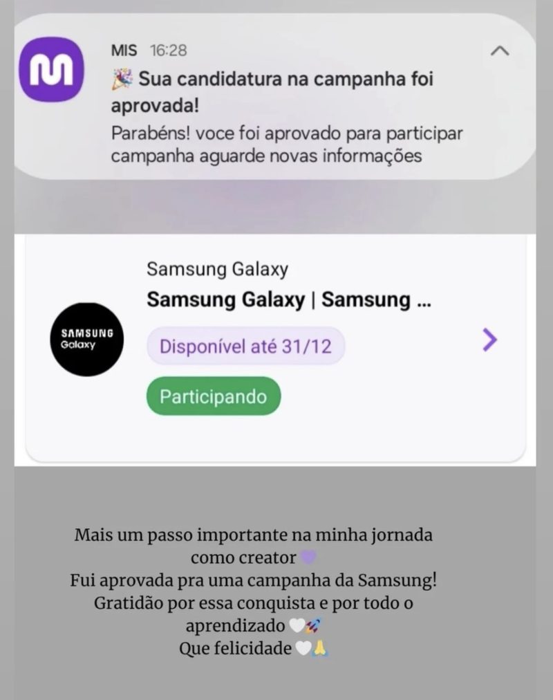 Print de notificação: candidatura aprovada em campanha da Samsung Galaxy