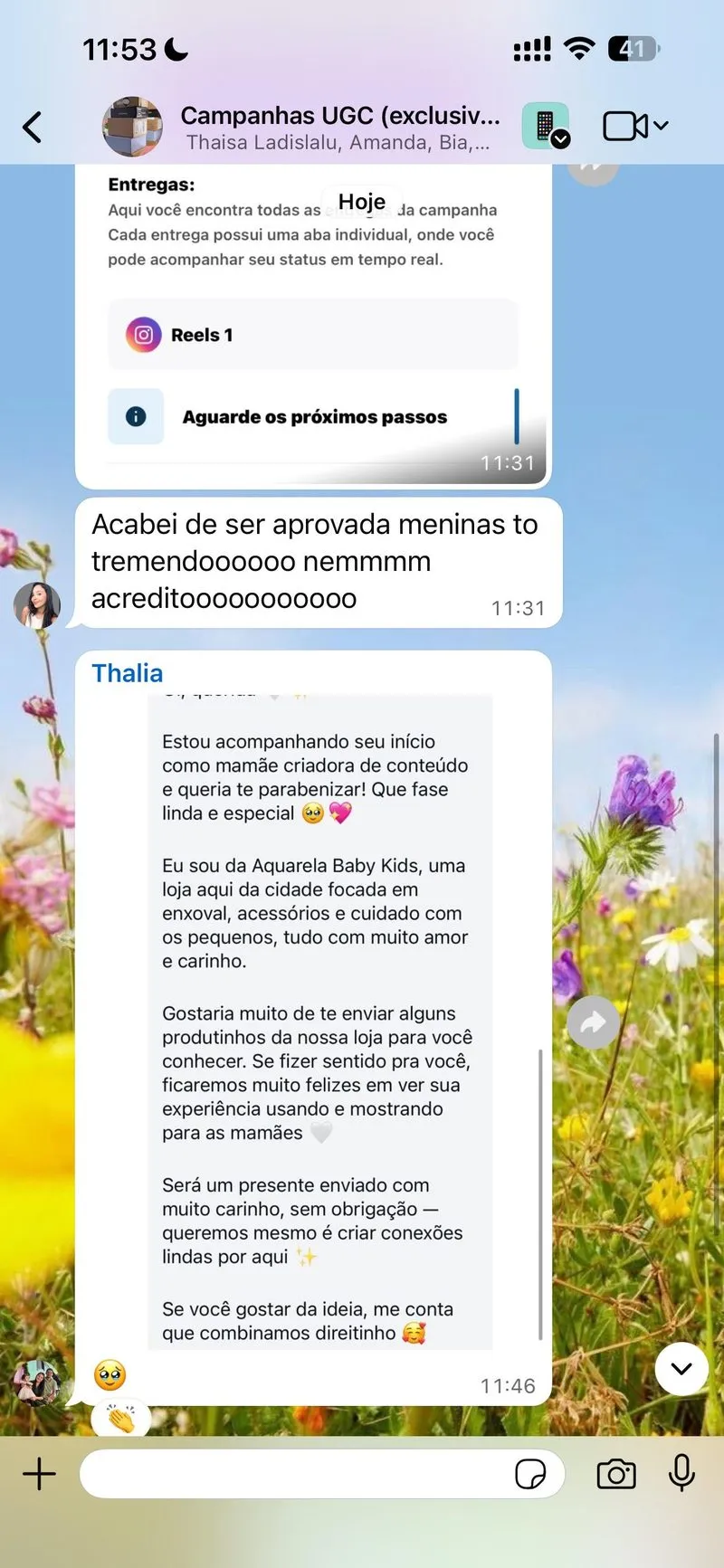 Print de aluna aprovada em campanha e convidada para parceria com loja de enxoval infantil