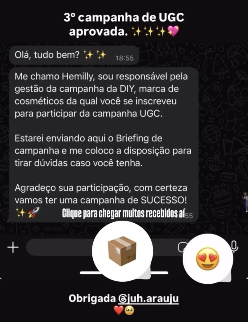 Print de WhatsApp: terceira campanha de UGC aprovada com a marca de cosméticos DIY