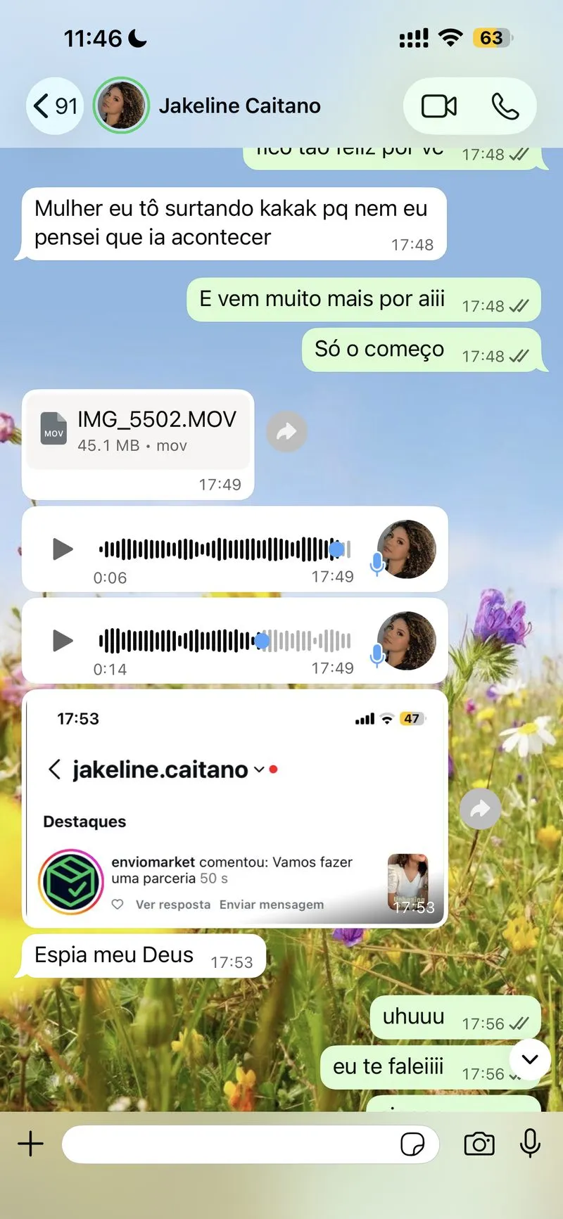 Print de conversa: aluna comemorando parceria recebida no Instagram