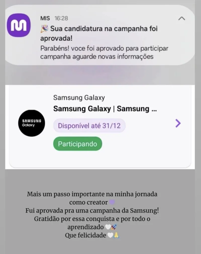 Print de notificação: candidatura aprovada em campanha da Samsung Galaxy